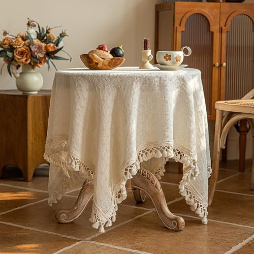 auons Tovaglia quadrata beige in cotone e lino con nappe macramè, rustica fattoria antipolvere shabby chic, 121,9 x 121,9 cm