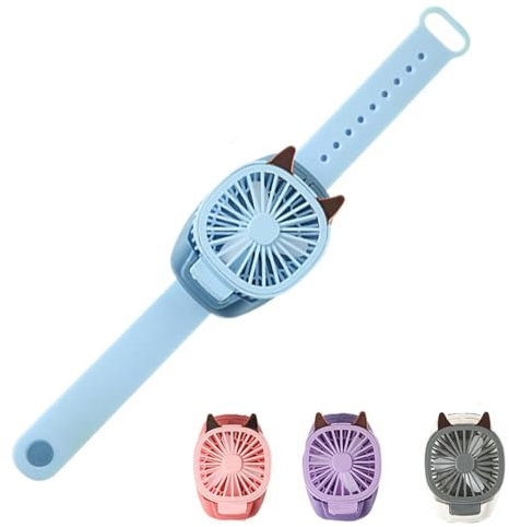 Mini Lightable Watch Fan - With Comfortable Wrist Strap, Creative LED Light Cat Ear Watch Fans, Portable USB Rechargeable Fans, Cute Mini Fan, Soft Safe Strong Wind for Outdoor Hiking Walking (Blue)