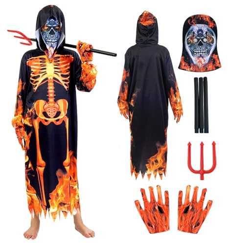 PLLYPE Costume da Scheletro Mietitore Rosso, Costume Da Diavolo per Bambini con Maschera Guanti Tridente, Costume Halloween per Bambini, per Halloween Carnevale Cosplay Festa Decorazioni