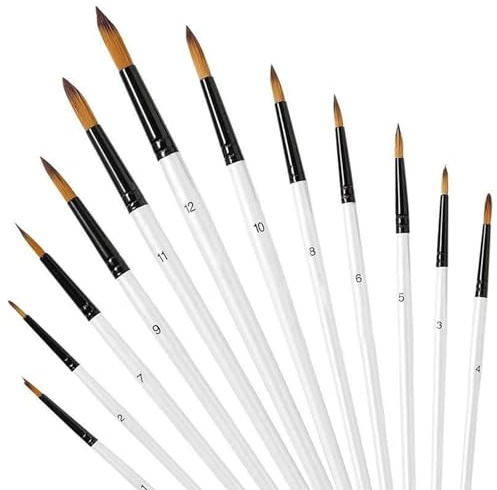 12pcs Round Paint Brush Set for Watercolor Oil Acrylic Crafts Rock Face Painting (White)