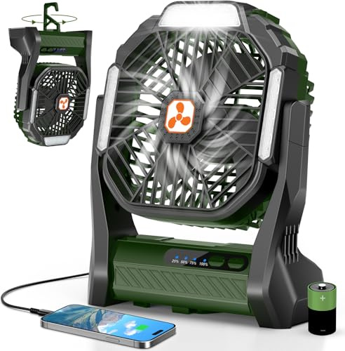 PDBEST Batteriebetriebener Ventilator 20000mAh Kabellos, Wiederaufladbarer Tragbarer Ventilator mit LED-Laterne, Tischventilator, USB-C-Akku Campingventilator für Reisen Strand Green