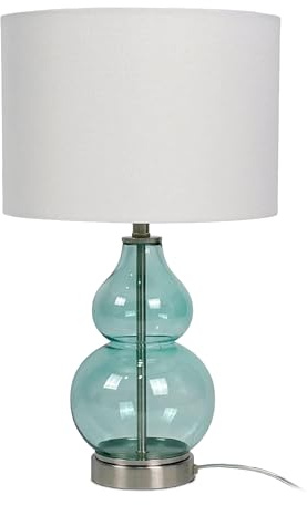 Relaxdays Tischlampe, Glasfuß & Stoffschirm, E14, HxD: 44 x 26 cm, Nachttischlampe mit Kabel, Schlafzimmer, weiß/blau
