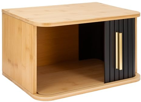 M.J COMFY-LIFE Small Breadbins Bread Box for Counter Bamboo Compact Bread Storage Containers with Sliding Door Space-Saving Design for Kitchen (Black-1pc, Small)