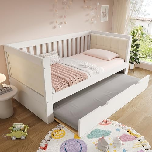 Kinderbett 90x190 cm, Einzelbett Schlafsofa mit Ausziehbett, Stauraumbett Tagesbett Bettkasten mit Rückenlehne und Lattenrost, Holzbett Jugendbett für Erwachsene und Jugendliche, Weiß, ohne Matratze