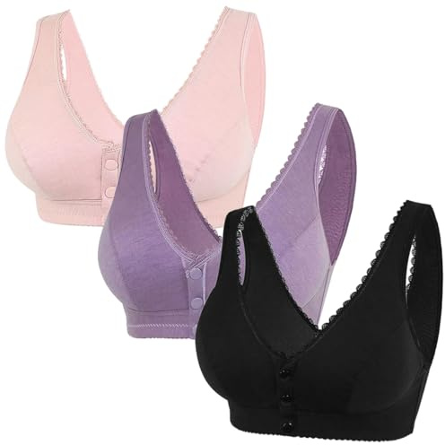 AOOPOO Pack of 3 Front Fastening Bras for Elderly Women with Sagging Breasts, Comfortable and Breathable Cotton Wire-Free Bras with Front Button Fastening for Seniors Older Women, S–3XL