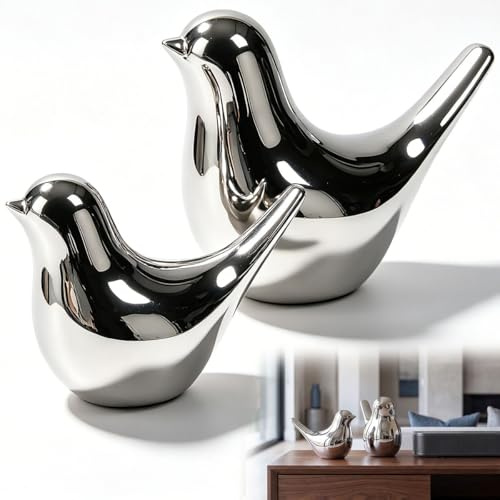 2 Pcs Figuras Pájaros Cerámica Minimalista Esculturas Modernas Salón Adornos Ornamentales Mesa Decoración Interior Hogar Pajaritos Plata Estatuas Decorativos para Escritorio Estantería Oficina