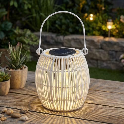 levandeo Solar Dekoleuchte Rund Weiß Tischleuchte Akku Garten Beleuchtung Flechtoptik Lampe Leuchte Dekolampe Solarbetrieben Tischdeko