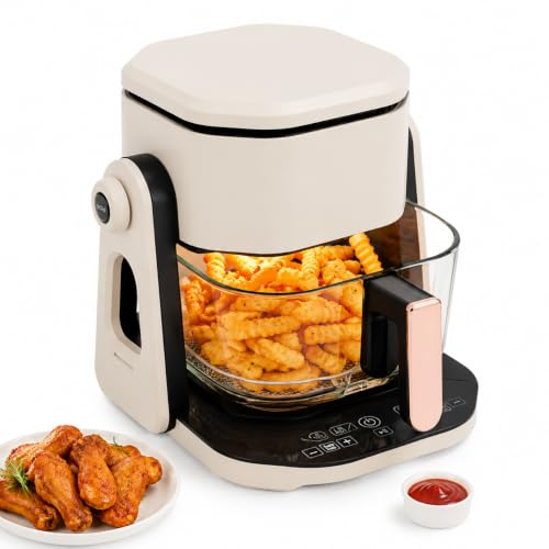 Friggitrice ad aria calda in vetro, 4,5 l, 3 in 1, con funzione grill, display LCD, 1200 W, vetro borosilicato, finestra di visualizzazione, timer da 60 minuti, regolazione della temperatura, design