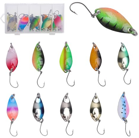 TLDBATICE Set med 10 öring, spoonset, 2,5 g/3,5 g/5 g öringbete med krok, plastbete, spinnare, fiske, blinkers, fiske med förvaringslåda, fiskebete, set för gädda, abborre, öring