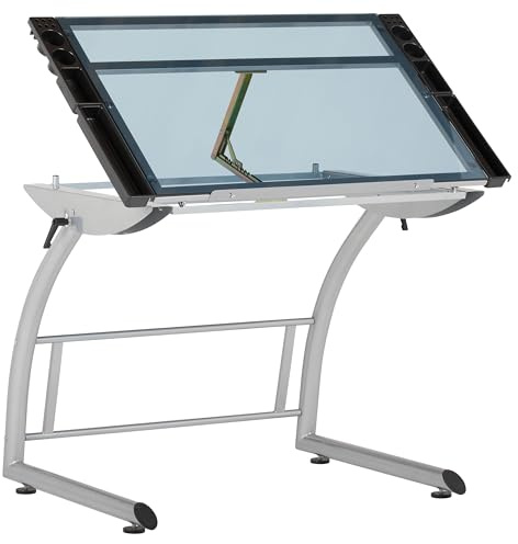 SD Studio Designs Triflex Drawing Table, Sit to Stand Up Adjustable Office Home Computer Desk, 35.25 W X 23.5 D, Silver/Blue Glass