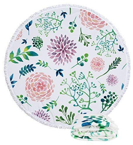 Oversized Round Floral Flower Green Leaf Beach Towel, Thick Soft Circle Table Yoga Mediation Mat Beach Blanket, Soft Microfiber Sand Free Quick Dry Multipurpose Round Tapestry with Tassels 59”