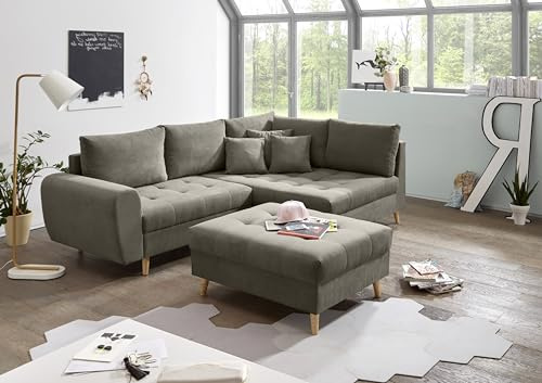 Stella Trading Alice Ecksofa mit Hocker, Stoffbezug Schlamm - Moderne Eckcouch mit Kissen & Massivholz Füßen - 249 x 94 x 175 cm (B/H/T)