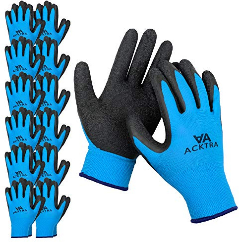 ACKTRA Guantes de trabajo de nailon recubiertos de seguridad, 12 pares, muñequera de punto, multiusos, para hombres y mujeres, WG008, poliéster azul, látex negro, talla XS
