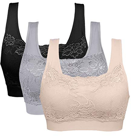 Vertvie dam stretch-bh utan byglar, push-up, yoga, sport bh, toppset för träning, stoppning, 3-pack, Svart + hud + ljusgrå, M