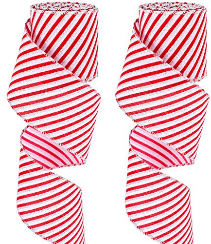 2 Rollen Weihnachten Pfefferminz Streifen Weihnachtsband mit Drahtkanten Rot und Weißes Drahtband Zuckerstange Wickelband für Weihnachtskranz Schleife Handwerk Dekoration (2,5 Zoll)