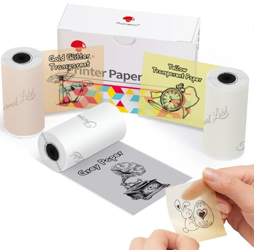 Phomemo Papier pour Mini imprimante M02, M02PRO, T02, M02S, M02X, M02L, M03, M03AS, M04S, M04AS, Gris Métal Translucide/Jaune Transparent/Transparent à Paillettes Dorées, 53mm x 3,5mm, 3 Rouleaux