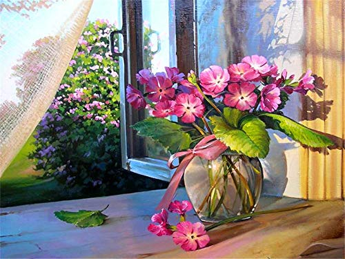 YEESAM ART DIY Ölgemälde Malen nach Zahlen Erwachsene Kinder, Lila Blumen auf der Fensterbank Zahlenmalerei ab 5 Öl Wandkunst (Blumen, mit Rahmen)