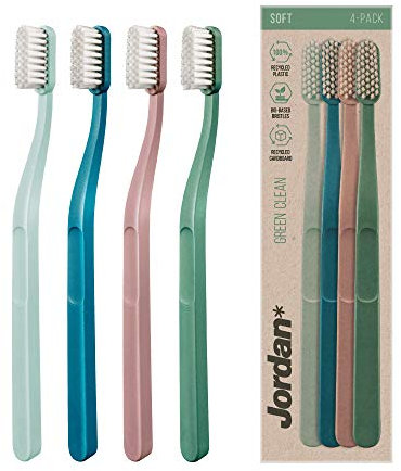 Jordan ® | Green Clean Manual Toothbrush | Award Winning Sustainable Toothbrush Made from Recycled Materials | Eco-Friendly | Scandinavian Design | Soft Bristles | Mixed Colour | Pack of 4
