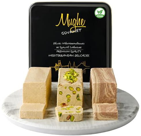 Mughe Gourmet Caja de Halva Turco Premium, 850g Surtido de Dulces Tradicionales de Sésamo (3 Sabores) en Lata Metálica, VEGANO