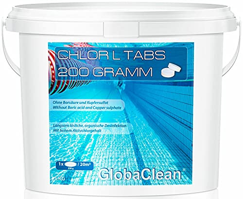 GlobaClean Chlor Langzeittabletten 200g - Langsam löslich - 5kg - Langzeitdesinfektion für Pools ab 20.000 l - Sehr hoher Aktivchlorgehalt