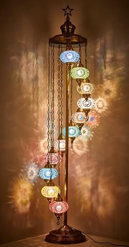 DEMMEX Lampadaire Turc Marocain en Mosaïque, 11 Globes, 210 cm de Haut – Lampe sur Pied Style Tiffany Décorative Boho avec Globes Colorés pour Chambre, Salon – Fait Main en Turquie, Coloré