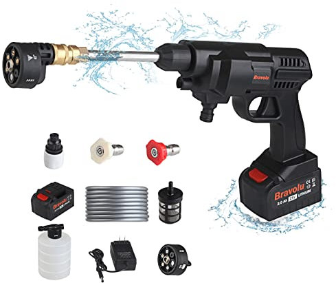 Nettoyeur Haute Pression sur Batterie, Bravolu Max 430 PSI Nettoyeur Haute Pression sans Fil Portable avec Accessoires, Buse Multi-Fonctions 6-en-1, Idéal pour Voitures Maison Jardin
