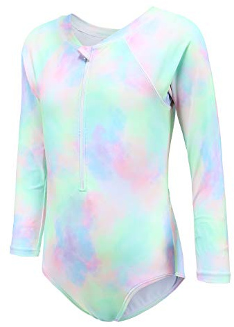 Aisyee Traje de baño de manga larga para niñas, traje de baño de una pieza, traje de baño de playa hawaiano, traje de baño para niñas 6-, Arco iris Tie Dye, 11-12 años