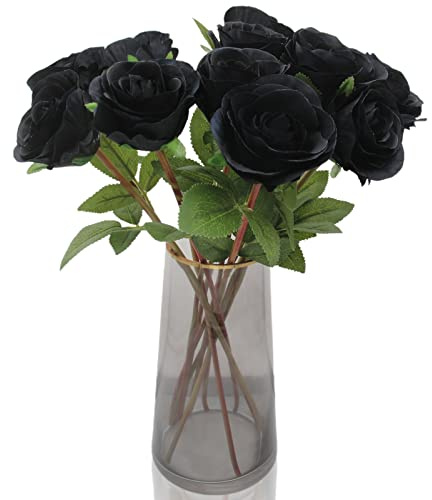 Hananona Rose artificiali per composizione floreale, 12 pezzi, in seta nera, bouquet di rose per la decorazione della casa, rose finte per feste di Halloween e decorazioni gotiche di matrimoni (12,