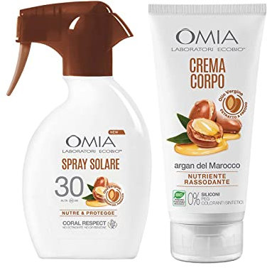 Omia, Kit Routine Solari con Trigger Solare SPF 30 e Crema Idratante Corpo a Base di Argan del Marocco, Formula Ecobio Idratante, Kit per Pelli Secche e Molto Secche, Protezione Resistente all'Acqua