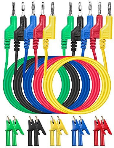 5 cavi di misurazione multimetri con 10 morsetti a coccodrillo, connettori a banana isolati da 4 mm, 5 colori, cavi di misurazione per multimetro per misuratori di corrente, tester di tensione