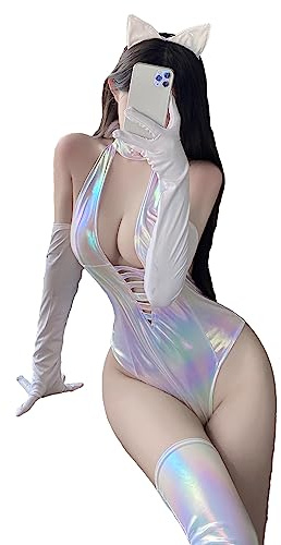 JasmyGirls Katze Cosplay Lingerie Set Sexy Anime Kostüm Halloween Rave Maid Outfit Latex Leder Bodysuit Festival Catsuit Strümpfe