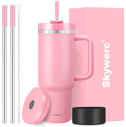 Trinkbecher mit Griff und Strohhalm, 2 Deckel (2-in-1 und auslaufsicherer Deckel), vakuumisolierter Edelstahl, doppelwandige Wasserflasche, Reise-Kaffeebecher, Geschenk für Frauen
