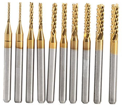 Watris Veiyi 10 Stücke Schaftfräser, Titan Beschichtete CNC Fräser, Fräsbohrer Werkzeuge Set, Carving Drill Router Bits 1,0-3,0mm, Schaftdurchmesser: 3,175 MM