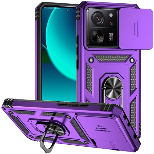 XINYEXIN Funda para Xiaomi 13T/13T Pro con Soporte Anillo | Carcasa PC + TPU Reforzada, Cubierta Cámara Deslizante, Rotación 360°, Antigolpes, Protección Objetivo, Púrpura
