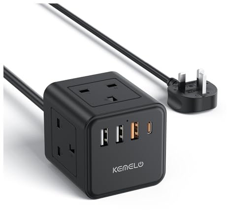 PD20W Extension Lead with 4 USB Slots, Kemelo 4 Way (13A/3250W) Multi Plug Extension Cable with Child Safety UK Desktop Power Extension Socket,1.5M Extension Cords for Home Dorm Office Travel