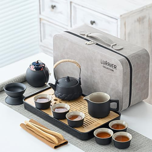 LURRIER Gungfu - Juego de té de cerámica portátil, juegos de fiesta de té para adultos, juegos de regalo de té, funda de cuero, portátil, bolsa de regalo de cuero todo en uno para viajes, hogar,