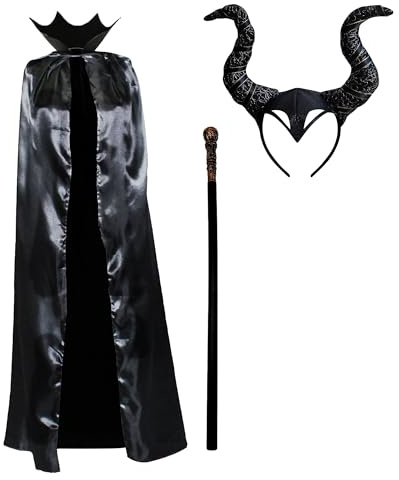 Disfraz maleficente Mujer Adulto Halloween Carnaval, Capa Negro Cuerno Ala Negra Baston para Reina Malvada Devil (Disfraz Malefuca Cuerno+Capa+Baston Negro)