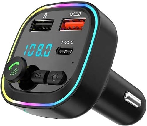 Transmetteur FM Bluetooth Voiture,Adaptateur Bluetooth Voiture,Radio, Lecteur de Musique MP3,Charge Rapide QC3.0, 2 Ports USB et 1 Port Type-C, Appels Mains Libres, Support USB/Carte TF (P4)