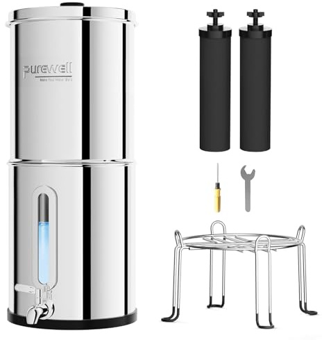 Purewell Filtre à Eau par Gravité 8,5L - Système de Filtration Familial avec Charbon Actif - Purificateur d'Eau pour Robinet et Eau de Pluie - Technologie Ultrafiltration - Grande Capacité