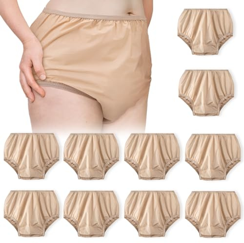 Vinsatin 10 Pcs Adult Plastic Diaper Cover Pull-On Cover Plastic Pants Reusable Incontinence Waterproof Pants(XX-Large,Beige)