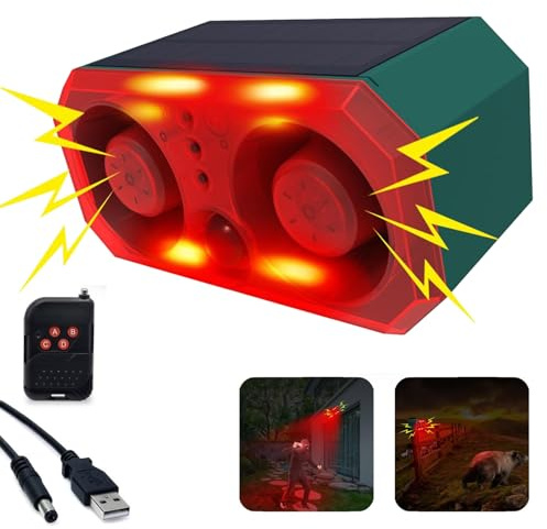 Solar Außen Bewegung ssensor Sirene personalisierte Aufnahmesirene | Blitzlicht,Mit Fernbedienung ,130 dB x 2 Lautsprecher, eingebaute 13 Soundmodi Hundegebell und Schüsse , geeignet für Hof