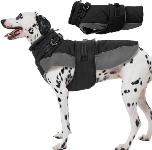 Katzinst Hundejacke Winter Schwarz L, Fleece Wintermantel Hunde mit Hohem Fleece-Kragen, Hundemantel mit Bauchschutz, Warmer Hundemantel Wasserbeständig für Dalmatiner, Cocker Spaniel, Schwarz, L