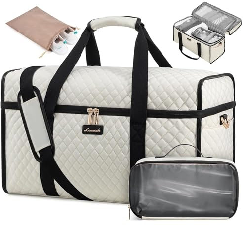 LOVEVOOK Reisetasche Weekender Damen, Große Öffnung Kliniktasche Geburt Handgepäck Reise Tasche Travel Duffle Bag mit Schuhtasche, Krankenhaustasche Sporttasche für Flugzeug Sport Gym, Beige