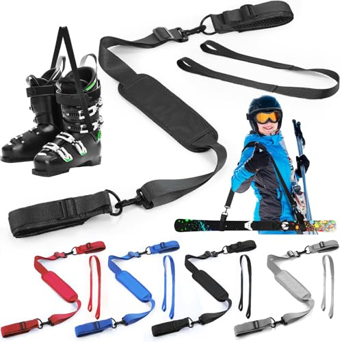 Hollowfly 4 Pack Ski Strap and Pole Carrier Skiing Accessories Downhill Adjustable Anti Slip Shoulder Belt for Outdoor Skiing Winter (4 Colors)