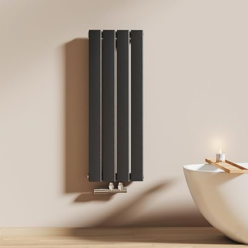 EMKE Radiatore Compatto, 900x300 mm, Verticale, Stretto e Alto per il Bagno, Radiatore a Parete con Pannello Piatto, Collegamento Centrale, Design Elegante, 403 Watt, Nero