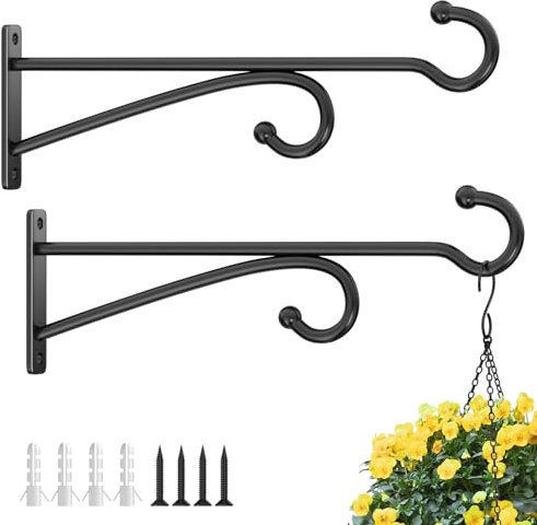 pickpiff 2 Pcs 10-Inch (25 cm) Planter Hooks for Hanging Plants - Metal Plant Hanger Hooks for Indoor Outdoor Use, Wall Brackets for Baskets, Wind Chimes, Bird Feeders, Bird Houses (Black)