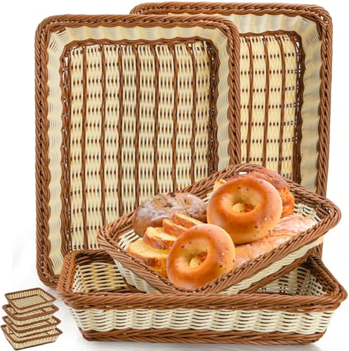Pumtus 4 Pack Woven Bread Basket, 16/15/13/11 Inch Plastic Wicker Fruit Baskets, Imitation Rattan Food Serving Tray, Tabletop Snack Vegetable Serving Basket for Bakery, Restaurant, Kitchen, Picnics