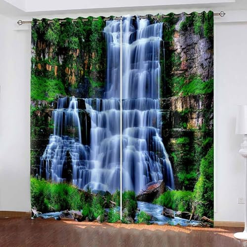 Lirzxin Gardinen Verdunkelung 229 cm Lang, Verdunkelnde Vorhänge mit Ösen 2er Set Bunt Natur Berg Wasserfall Landschaft Vorhang für Schlafzimmer Kinderzimmer Wohnzimmer, 137x229 cm(BxH)