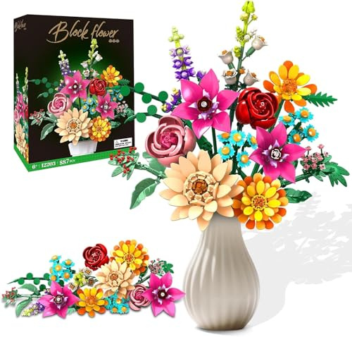 Flower Bouquet Building Set, Artificial Botanicals Building Block Kit for Adults kids, DIY Flowers Collection with Orchid Sunflower, Gift for Anniversary/Birthday/Mother's Day, Women/Girls, Home Decor