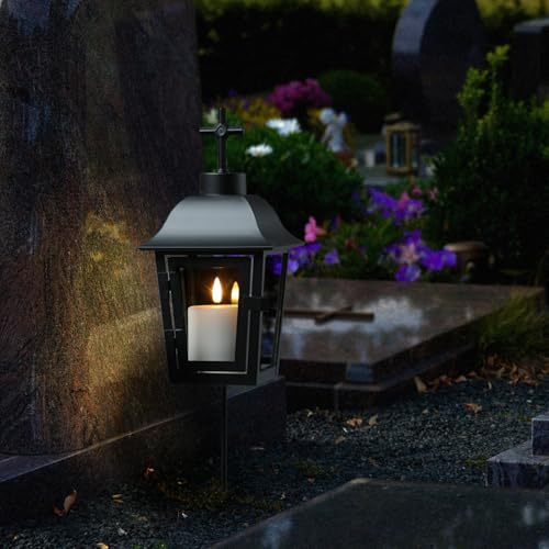 Grablaterne mit weißer Mini LED Kerze Grablicht mit 2 wechselbaren Spitzen (Kugel, Kreuz) und Erdspieß Grableuchte Grablampe Friedhofslaterne Gartenlaterne schwarz (Laterne mit Kerze/Typ1)